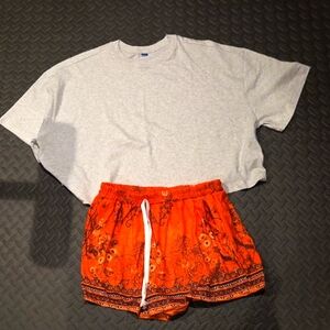 SHEIN Orange Floral Athletic Shorts And Crop Top Tee